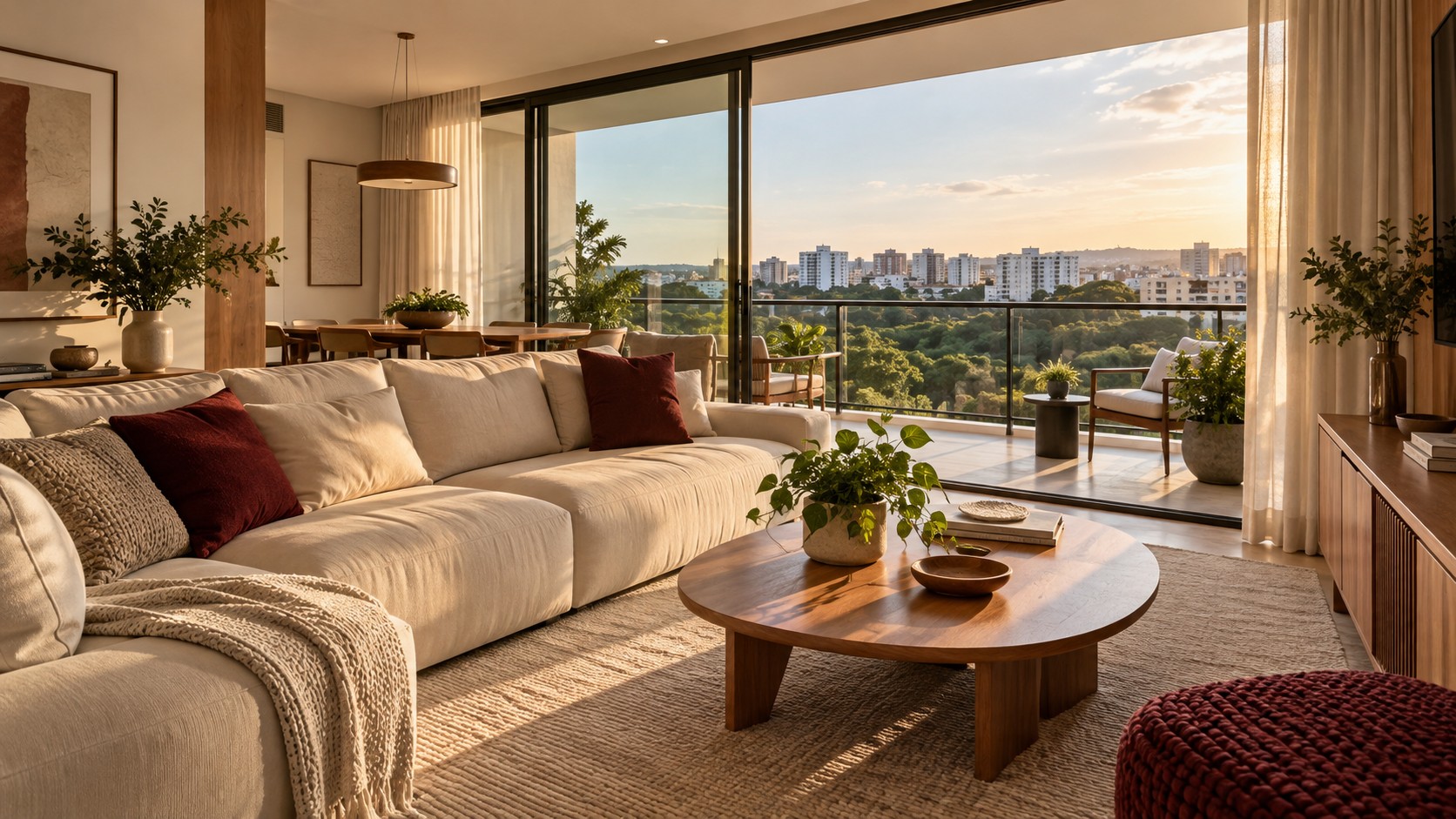 Ambiente residencial com sala integrada e varanda